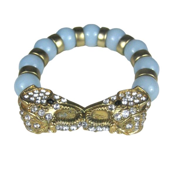 Goldtone Elephant Blue Glass Beads Beaded Stretch Bracelet Size 8.5 in Jewelry - Picture 1 of 7